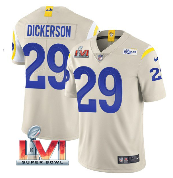 Men's Los Angeles Rams #29 Eric Dickerson 2022 Bone Super Bowl LVI Vapor Limited Stitched Jersey Men's Los Angeles Rams #29 Eric Dickerson 2022 Bone Super Bowl LVI Vapor Limited Stitched Jersey